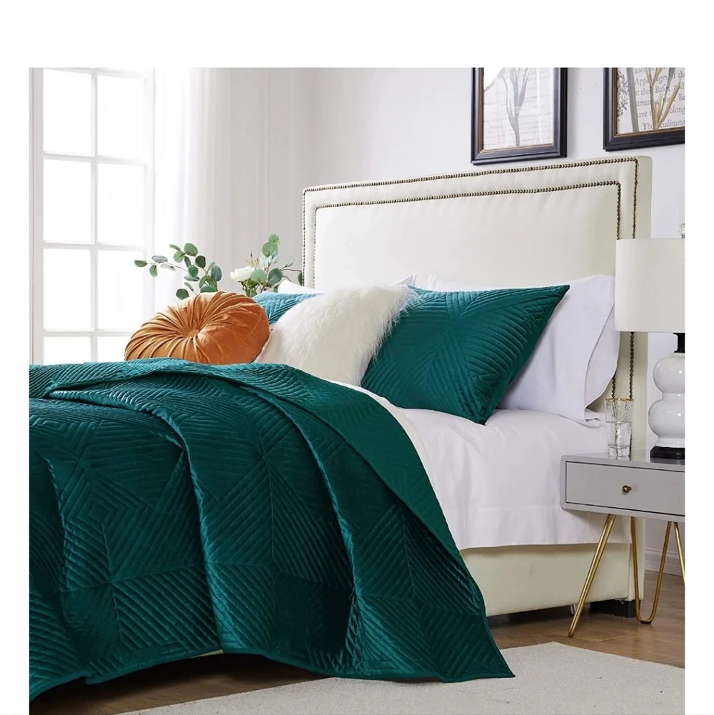 Barefoot Bungalow Riviera Velvet Modern Teal Quilt Set King New